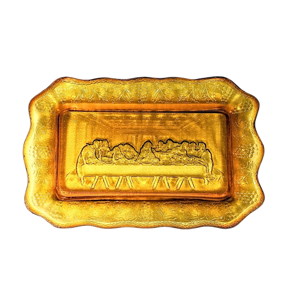 Tiara Indiana Glass Bread Plate Amber The Lord's Supper Vintage